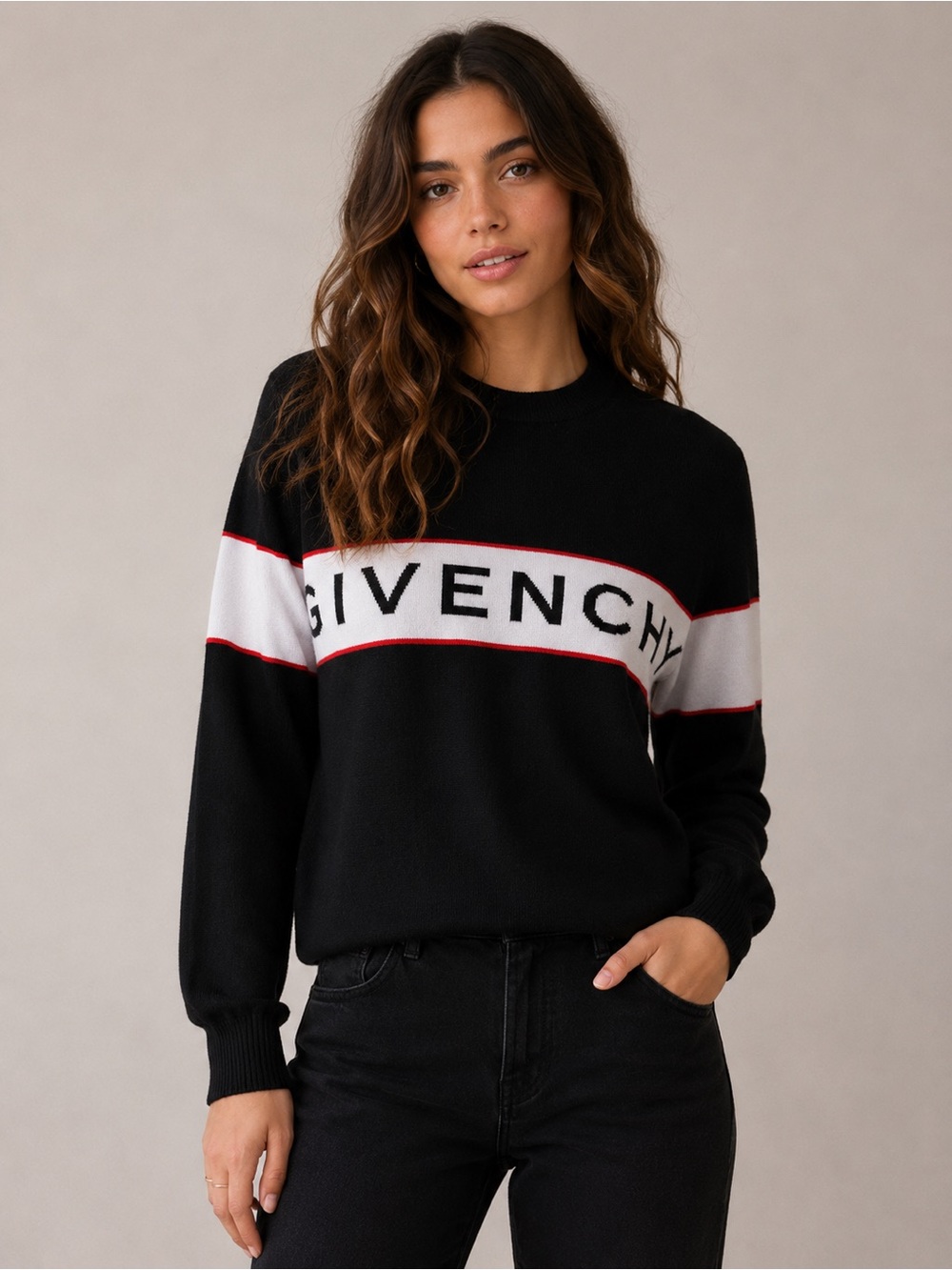 Givenchy Paris Logo Stripe Sweater Black White Red 100% Cotton Size M